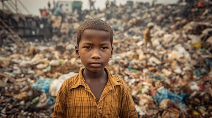 Serious Black Child posing in a third world country public dump looking at the camera	
