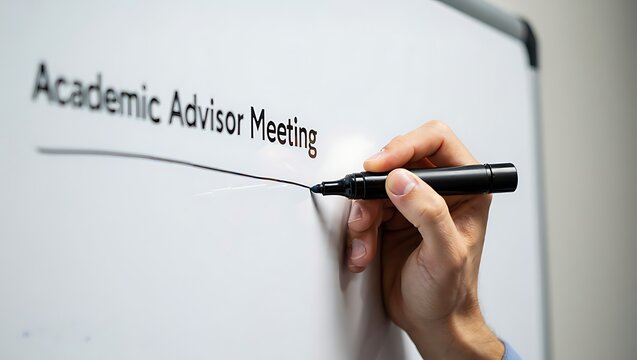 Hand writing academic advisor meeting on a whiteboard