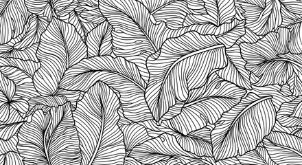 Fototapeta premium Black and white leaf pattern in intricate line art style 