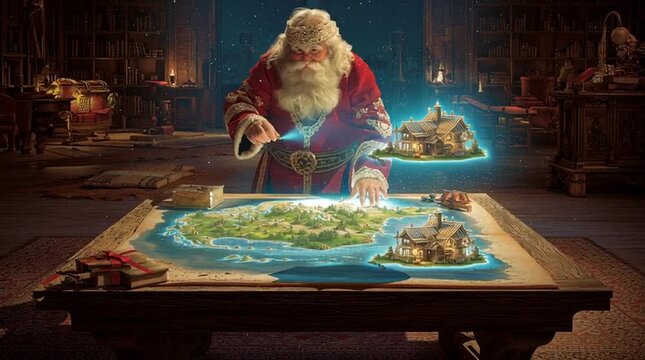 Santa Claus stands over a huge wooden table with a glowing magical map of the world, touching a spot as a miniature holographic image appears, whimsical and festive Christmas scene.