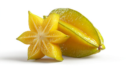 Yellow starfruit sliced and whole on white background