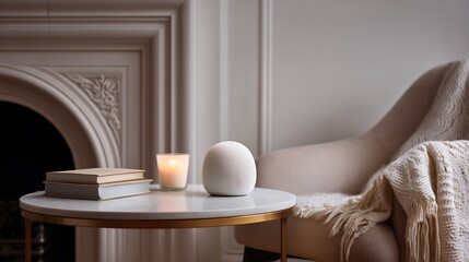 Minimalist home interior with a scented candle, books, and diffuser on a table
