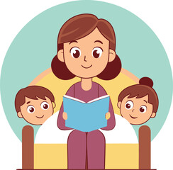 Obraz premium Mother reading a book to two children in bed with a light blue background bedtime