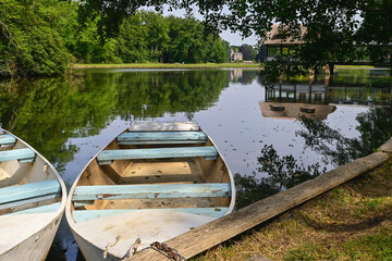 Wooden rowboats on the pond with the trees reflected in the water. Location: Brasschaat (Belgium)