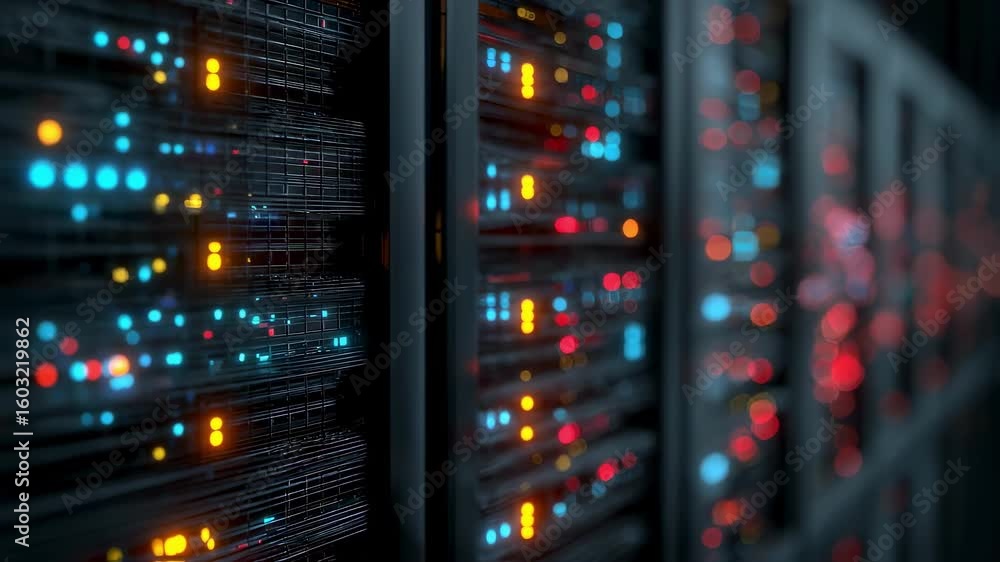 Poster server racks with blinking lights processing vast amounts of data in a modern data center illustrate