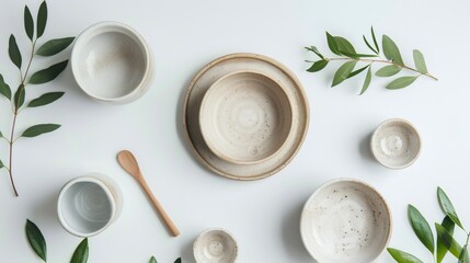 Ceramic bowls, plates, cups and wooden spoon lying on white table with green leaves