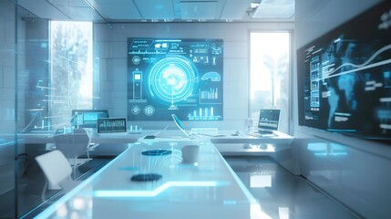 Futuristic Command Center displaying global data and statistics with holographic interface