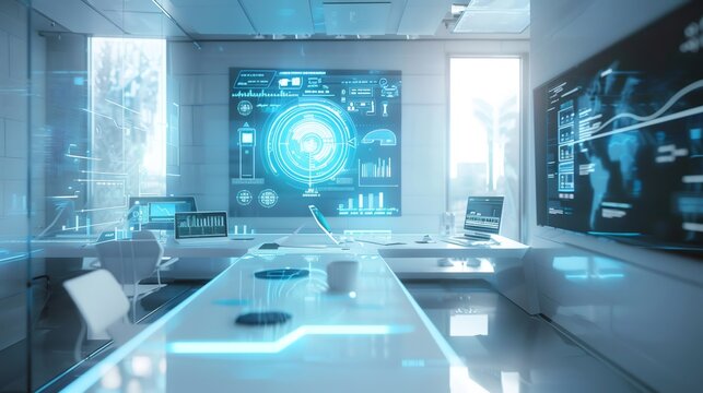 Futuristic Command Center displaying global data and statistics with holographic interface