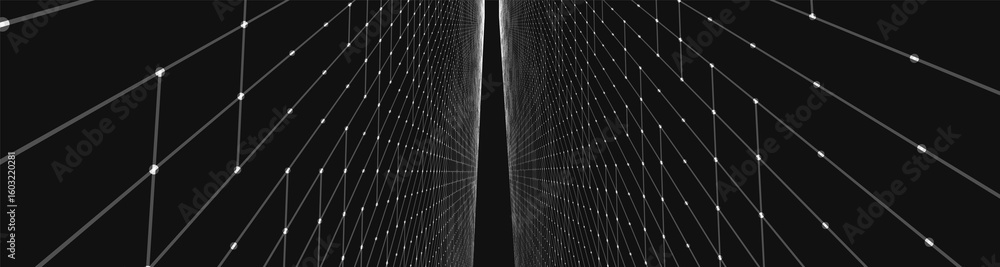 Poster futuristic black and white perspective grid. abstract wireframe with white grid on black background.