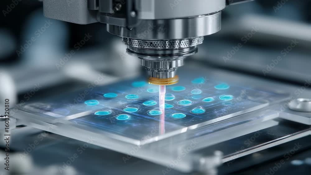 Poster innovative laser machine processing microchips with precision in a laboratory setting, showcasing ad