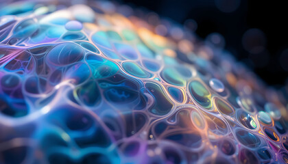 Abstract iridescent cellular structure with glowing interconnected organic patterns and vibrant neon light effects creating a futuristic and otherworldly visual