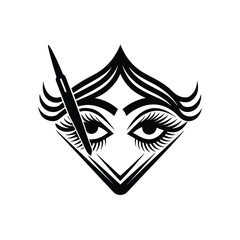 Minimalist logo tweezers applying eyeliner to stylized eye makeup