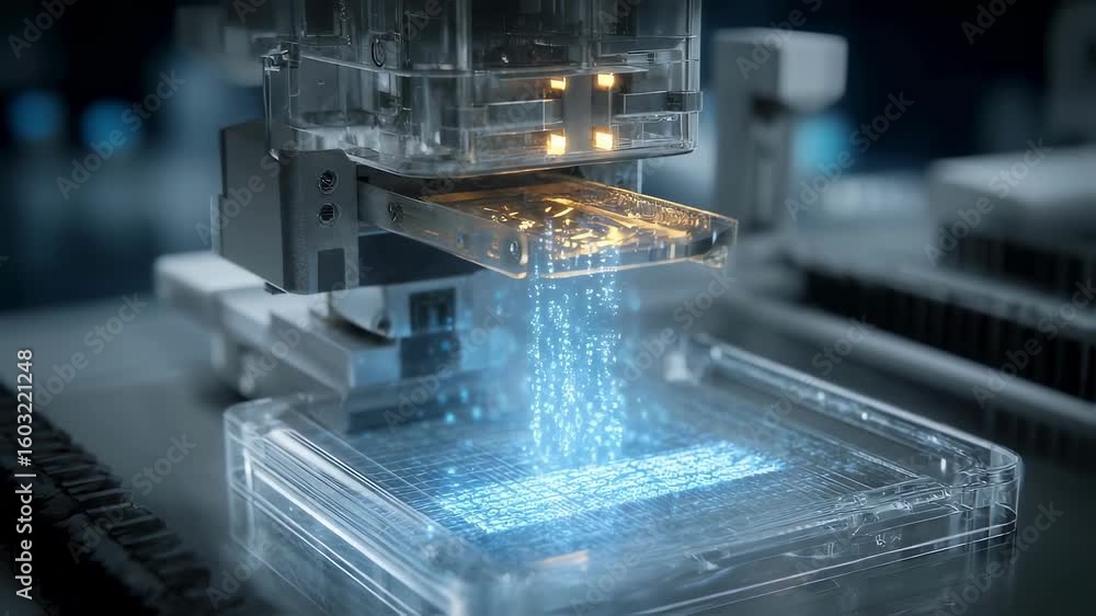 Poster futuristic 3d bioprinting machine is creating artificial tissue with bio ink, representing a groundb