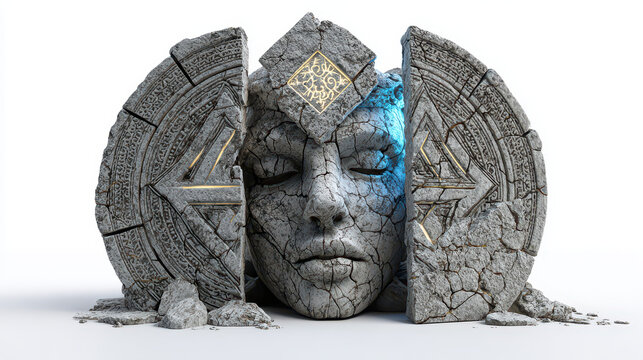 Cracked stone statue head framed by engraved tablets with blue light accents - Powered by Adobe
