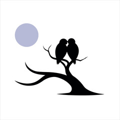 Romantic Birds Sitting on Curved Branch in Moonlight silhouette Art Vector illustration
