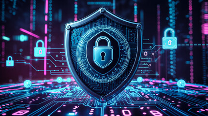 Abstract 3D Illustration of Cyber Lock and Glowing Digital Shield on a High-Tech Circuit, Symbolizing AI Security and Data Encryption

