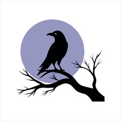 Crow Resting Quietly on Branch with Full Moon Above silhouette Art Vector illustration