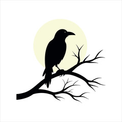 Bare Branch Holds Lone Crow Beneath Peaceful Moonlight silhouette Art Vector illustration