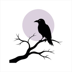 Solitary Crow Rests Under Night Sky with Bright Moon silhouette Art Vector illustration