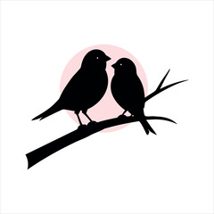 Sparrow Couple Sitting Close on Tree with Glowing Moon silhouette Art Vector illustration
