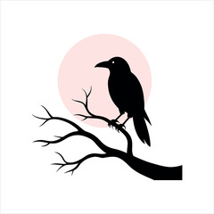 Obraz premium Crow Sitting Alone on Bare Tree in Moonlit Silence silhouette Art Vector illustration