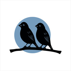 Sparrow Pair Resting on Tree Under Gentle Moonlight silhouette Art Vector illustration