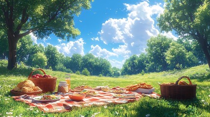 Family picnic scene with childrens and adult sandals spread on the grass surrounded by blankets food baskets and frisbees under sunny skies