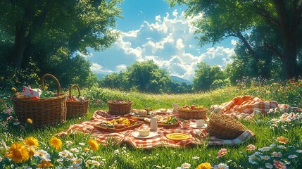 Family picnic scene with childrens and adult sandals spread on the grass surrounded by blankets food baskets and frisbees under sunny skies