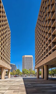 Sunlit plaza between two grid-patterned buildings