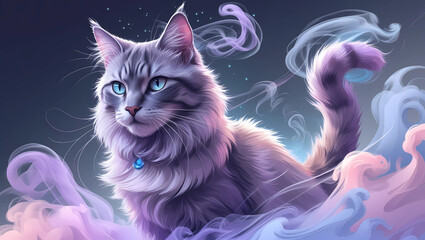 Digital Pastel Sketch of a Mystical Cat Emerging from Colorful Smoke – High Detail Fantasy Illustration in Soft Lavender and Blue Tones