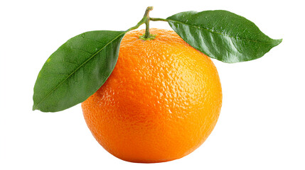 Single orange fruit with green leaves on white background