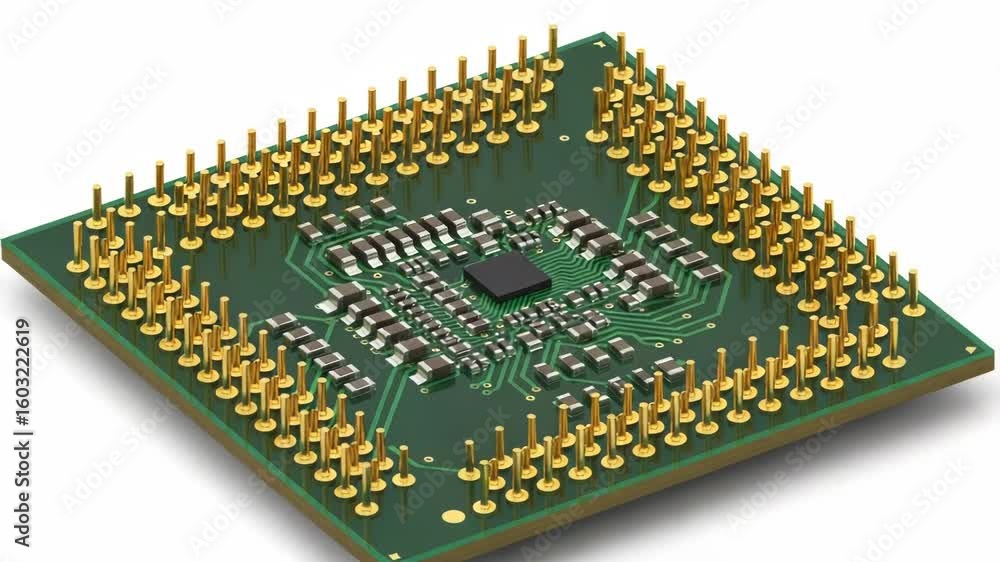 Poster a closeup, detailed view of a central processing unit cpu with numerous gold pins and intricate circ