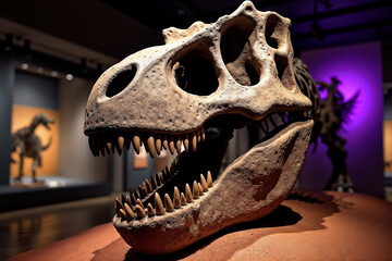 Close-Up of Dinosaur Skull Fossil in Museum Exhibit with Dramatic Lighting, Showcasing Prehistoric Predator Anatomy and Paleontology Display

