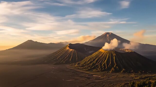 Timelapse of Majestic Mount Bromo and Semeru Volcano at Sunrise in East Java Indonesia with Clouds and Golden Morning Light Scenic Volcanic Landscape in Motion.