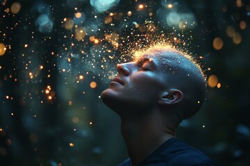 Ethereal lights dance around young male in mystical forest scene
