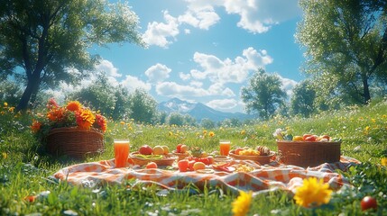 Family picnic scene with childrens and adult sandals spread on the grass surrounded by blankets food baskets and frisbees under sunny skies