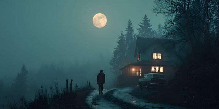 Silhouette figure walks along path toward haunted house at night. Creepy house with lit windows under big moon. Spooky atmosphere in foggy forest. Retro 80s horror movie poster design. Nostalgic,