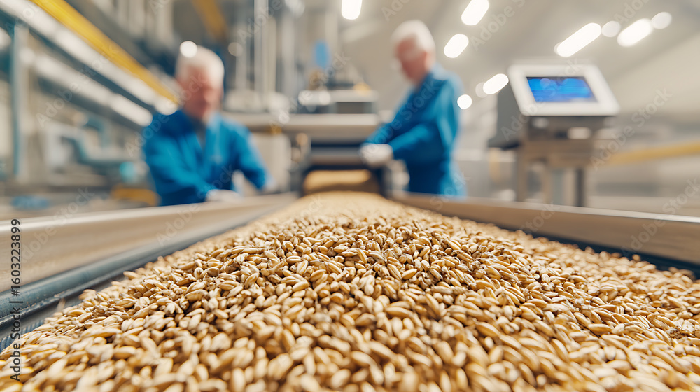 Poster grains on conveyor: workers overseeing an assembly line. grain processing and quality control. focus
