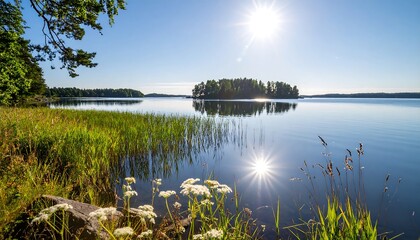 Serene lake landscape with sunlight reflecting off calm waters, creating a tranquil scene