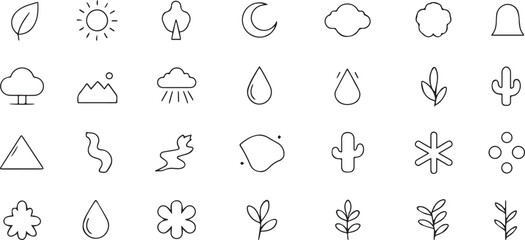 Nature Icon Set Line Art Silhouette on Transparent Background