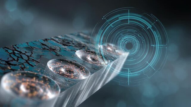 Microscopic view revealing intricate structures and swirling patterns on an innovative material surface, featuring a futuristic hud interface for scientific analysis and exploration
