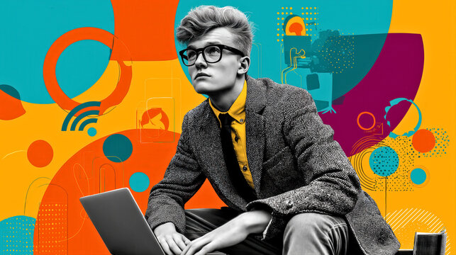 Trendy Young Professional with Laptop Against Vibrant Abstract Background in Modern Style