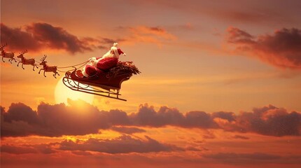 Santa Claus in his sleigh waves goodbye, flying into a sunrise sky, marking the end of a magical Christmas night, warm, festive, and whimsical scene.