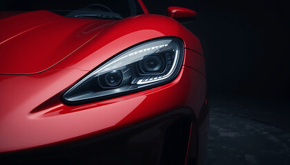 Close up of the sleek modern led headlight of a vibrant red sports car with a dark dramatic background highlighting its aerodynamic design and luxurious automotive details