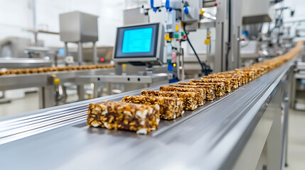 Production line showing snack bars on a conveyor belt. Automated manufacturing, food industry, efficient processes, quality control. Factory setting.