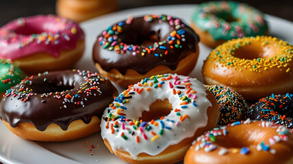 Mixed Frosted Donuts with Colorful Sprinkles Close-Up
