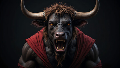 Fierce minotaur creature with powerful musculature and open mouth roaring wearing a red cape against a dark background mythological beast