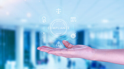 Compliance. Compliance concept with icons and text. Regulations, law, standards, requirements, Rule, audit diagram on virtual screen, Business internet technology