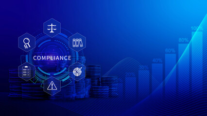 Compliance. Compliance concept with icons and text. Regulations, law, standards, requirements, Rule, audit diagram on virtual screen, Business internet technology
