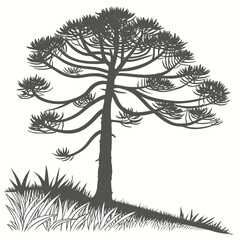 Silhouette of a distinctive araucaria tree with grassy foreground